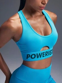 Powerista 女士字母图案镂空设计日常健身运动文胸 - 藍色 - 查看 4