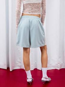 COUREZ Quần short thể thao cạp thấp có chi tiết nơ / Quần short cạp thấp phong cách Y2K, quần áo tập gym dễ thương cho nữ mùa thu, trang phục mùa thu - Màu xanh nhạt - Xem 3