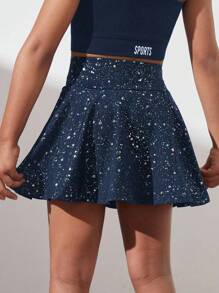 SHEIN Young Girls Activewear Navy Blue Star Print Elastic Comfortable Breathable Dance/Yoga Skirt - Navy Blue - View 2