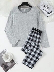 青少年男孩花卉印花口袋长袖上衣搭配经典黑灰色格子裤，休闲家居服套装 - 彩色 - 查看 6