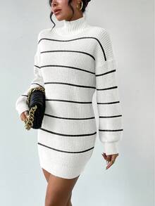Chiquease 通勤百搭纹理条纹针织套头连衣裙，适合旅行和日常穿着 - 黑與白 - 查看 5