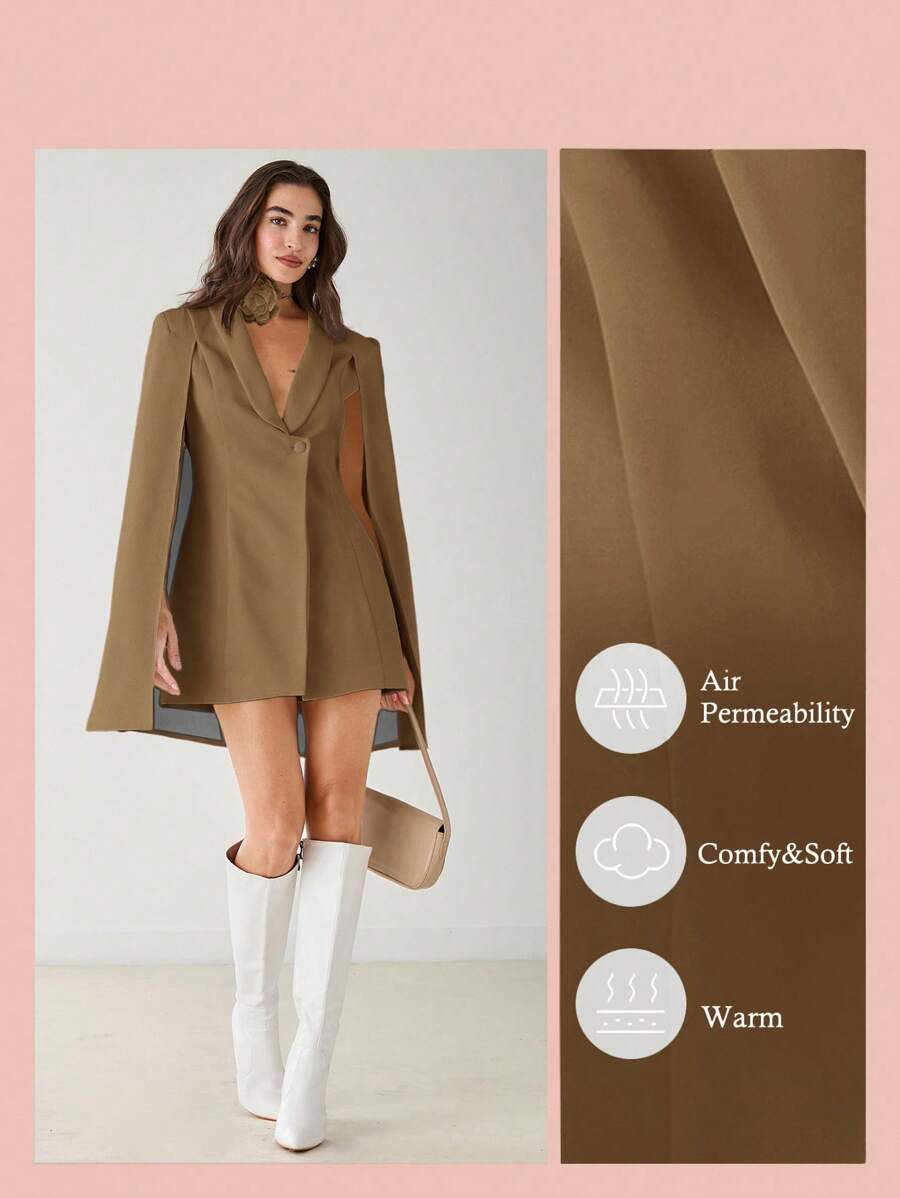 Enchnt Women's Fashionable Elegant Elegant Solid Color Shawl Neck Cape Sleeve Blazer Dress In Fall/Winter - Brown - View 1