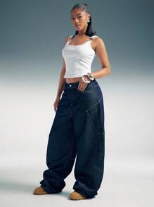 Denimoi Quần Jeans Denim Ống Rộng Túi Sau Quá Khổ Rộng Thùng Thình - Rửa tối - Xem 2