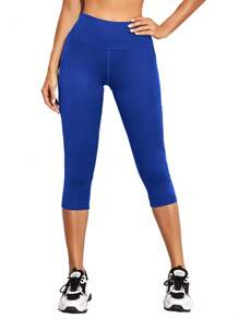 SHEIN Cheerettes Solid Color High Waist Seamless Side Pocket Yoga Leggings - Blue - View 6
