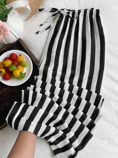 Comfortcana Plus Size Women Striped Drawstring Waist Casual Versatile Wide Leg Pants, Suitable For Daily Wear