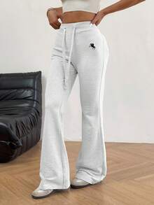 SHEIN EZwear 女式休闲百搭刺绣抽绳腰喇叭裤 - 淺灰色 - 查看 4