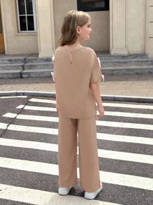SHEIN Nova Glow Tween Girls Solid Color Round Neck Bow Loose T-Shirt & Baggy Long Pants 2 Pieces Casual Set