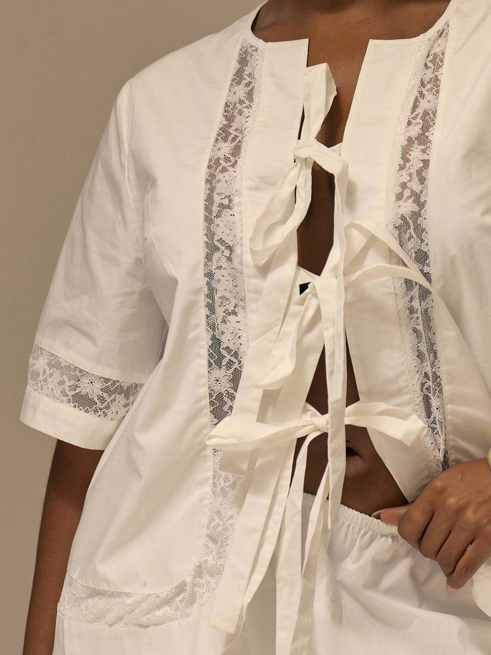 Blusa blanca con lazo delantero, top de manga corta con encaje, elegante, romántico, de granja, primavera, verano, para novia y despedida de soltera