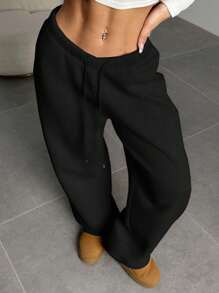 SHEIN EZwear 女士纯色前系带简约直腿运动裤，休闲日常穿着