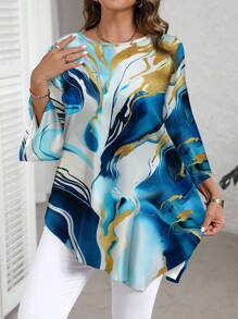 EMERY ROSE Plus Size Blue Marble Texture Casual Minimalist All-Over Print Shirt, Spring/Autumn,Fall Clothes For Women Chic Blouses For Women,Flower/Summer/Vacation - Multicolor - View 1