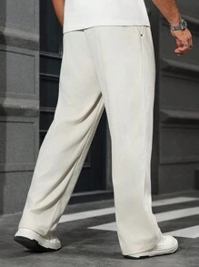 Manfinity Homme 男士畅销休闲裤，铆钉 INS 搭配不同面料，日常穿着，男友/丈夫礼物，周年纪念礼物，浅色直筒宽松长裤，秋季 - 杏色 - 查看 2