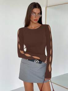 Siren Gaze 女士纯色镂空长袖休闲圆领T恤 - 咖啡棕 - 查看 5