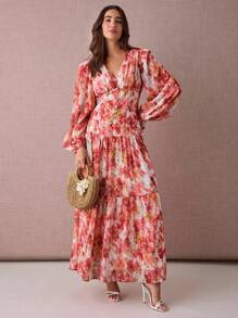 Enchnt Rochie elegantă pentru femei cu imprimeu floral, decolteu în V, mâneci tip felinar, tiv cu volane - roșu - Vizualizare 1