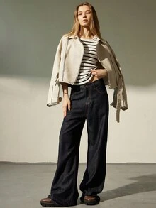 Aveloria Modichic 新款时尚休闲别致简约高端拉链领夹克，PU 皮革摩托车设计 - 米色 - 查看 6