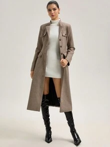 Aveloria Elegancki, rozkloszowany płaszcz z francuskim pasem i guzikami w kształcie rogu, długi, damski - Kolor khaki - Zobacz 7