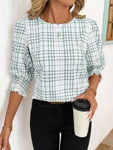 SHEIN Clasi 女士休闲宽松圆领中袖衬衫 - 綠色 - 查看 3