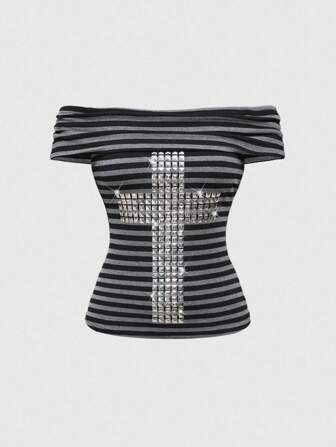 Grunge Punk Maglietta aderente da donna stile punk sexy Y2K a righe con borchie e croce