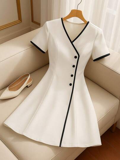 Franclia 优雅短袖撞色V领纽扣连衣裙，女款，全白夏季连衣裙，适合大学校园穿着。