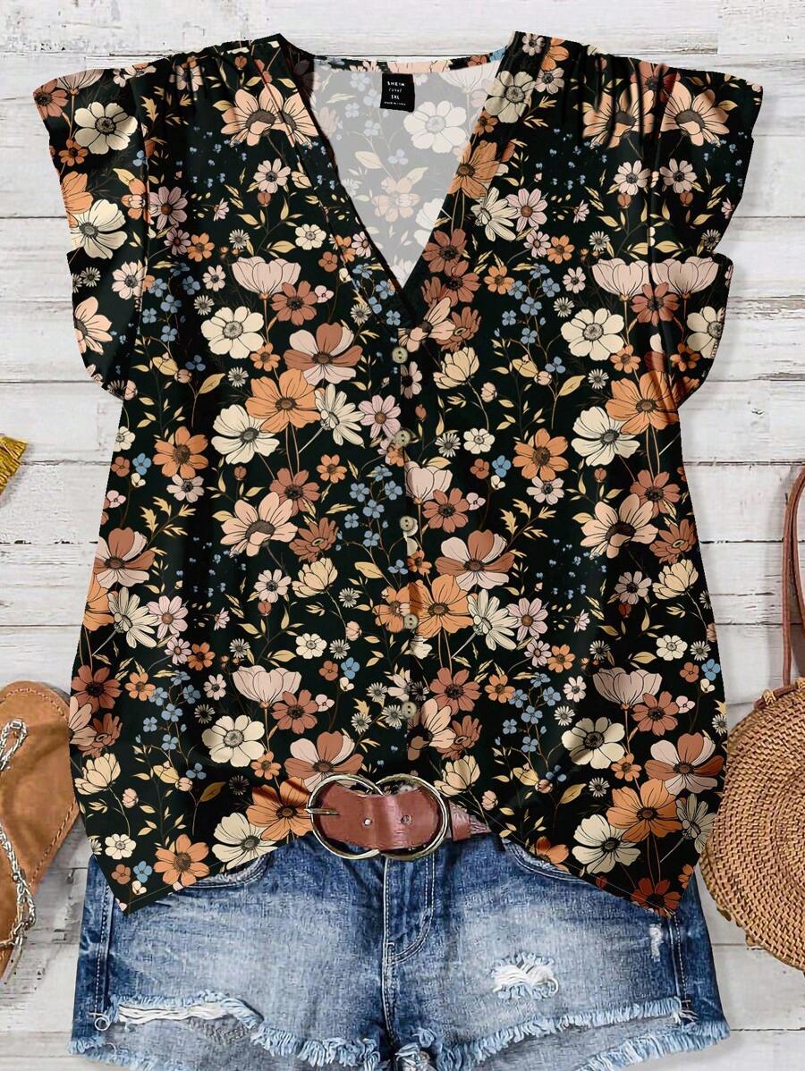 EMERY ROSE 大码女式碎花V领休闲开襟衬衫，适合夏季海滩 - 彩色 - 查看 1