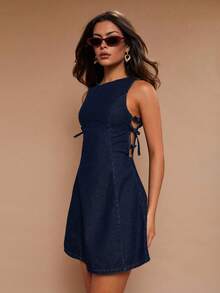 COSMINA 女士优雅度假牛仔镂空连衣裙，春夏 - 藏蓝色 - 查看 3