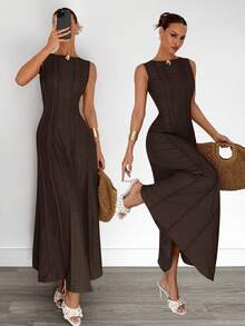 Siren Gaze 夏季新款褶皱无袖A字连衣裙 - 棕色 - 查看 6