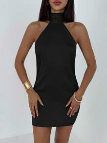 Aloruh Women's Solid Color Fashionable Backless Sexy Halter Mini Dress,Black Dresses Classy Elegant,Party Dress,Party Dresses For Women - Black - View 2