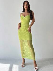Firerie 女士休闲绿色蕾丝提花蝴蝶结连衣裙/蕾丝连衣裙/秋季女装/秋冬打底装/校服/露肩/约会夜装/浪漫约会/派对装/节日装 - 綠色 - 查看 2