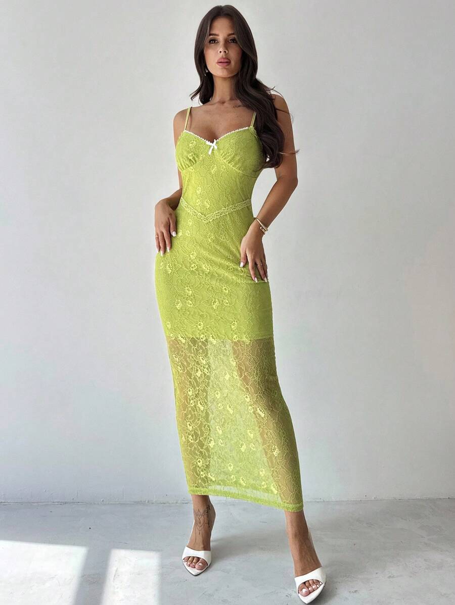 Firerie 女士休闲绿色蕾丝提花蝴蝶结连衣裙/蕾丝连衣裙/秋季女装/秋冬打底装/校服/露肩/约会夜装/浪漫约会/派对装/节日装