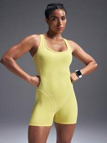Powerista Damen einfarbiger Criss-Cross Rücken ärmelloser Sport-Romper - Gelb - Übersicht 3