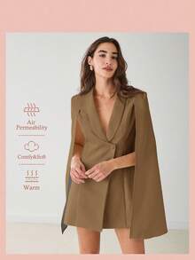 Enchnt Women's Fashionable Elegant Elegant Solid Color Shawl Neck Cape Sleeve Blazer Dress In Fall/Winter - Brown - View 2