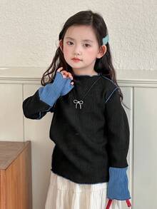 DAZY Young Girls Quilted Contrast Color Korean Style Casual Long Sleeve T-Shirt, Spring/Autumn - Black - View 2
