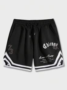ROMWE Street Life Women's Slogan Print Drawstring Shorts, Suitable For Everyday Spring/Summer Wear - Black - View 1