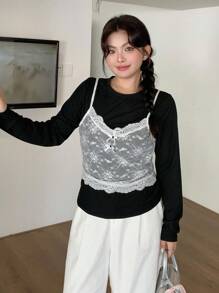 Dazy Plus 大码女式撞色蕾丝吊带背心长袖修身T恤 - 黑色 - 查看 8