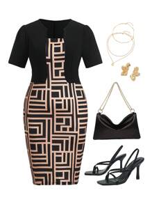 SHEIN Clasi 大码女式简约印花日常连衣裙，夏季 - 杏色 - 查看 7