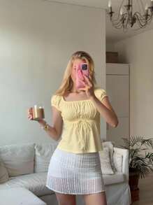 CovetEZ Women's Square Neck Casual Versatile Short Sleeve T-Shirt, Summer Yellow Top - Yellow - View 11