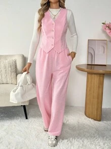 SHEIN LUNE Women's Casual Solid Color Basic Outfit Suit, Blazer Vest And Pants 2 Pieces Set - Pink - View 5