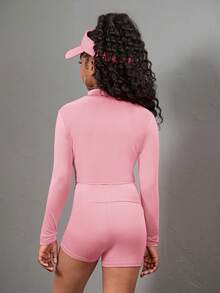 SHEIN Girlism Bộ 3 món áo thun dài tay cổ khóa kéo, áo vest và quần legging cho bé gái tuổi teen - Trang phục thể thao - Hồng - Xem 2