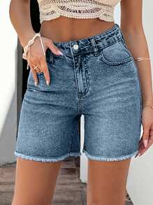 EURMUSE 100%Cotton Mini Short Fold Up And Back Label Detail - Medium Wash - View 5