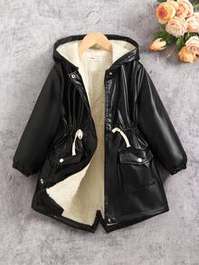 SHEIN Tween 女童休闲时尚街头风格纯色连帽抽绳腰部 PU 填充夹克，适合周末、休闲外出、返校、秋冬季 - 黑色 - 查看 7