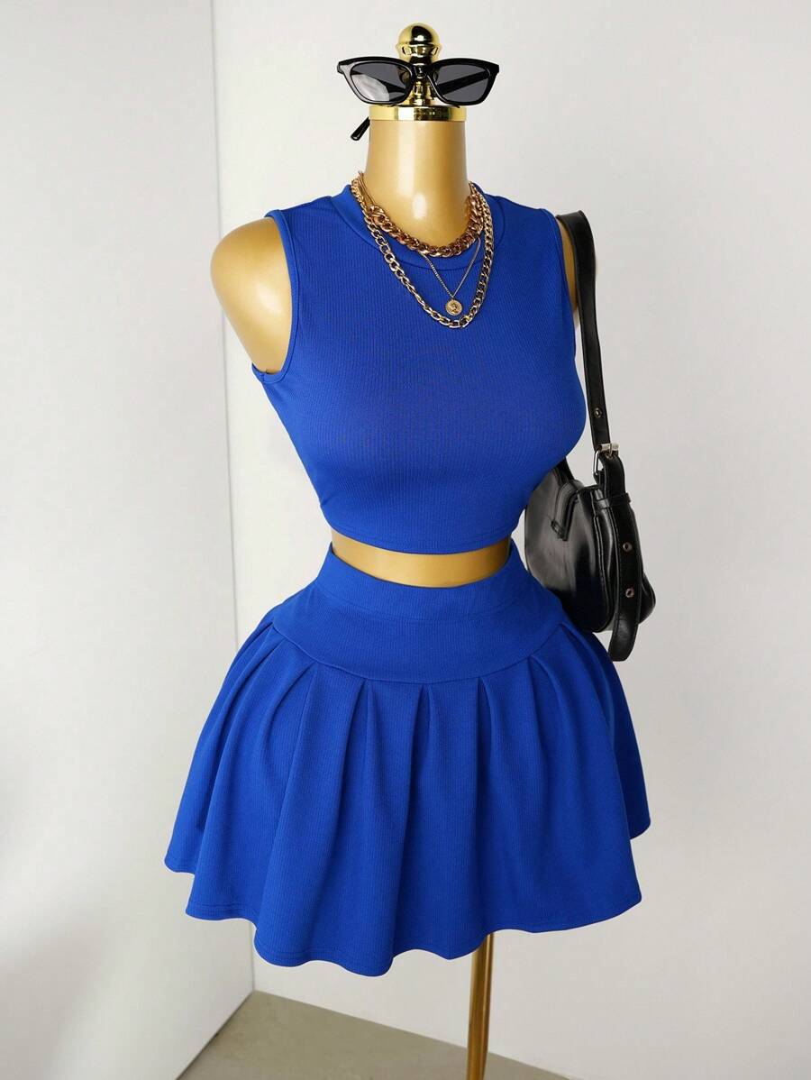 Mistrie 2pcs Women's Casual Solid Color Tank Top & Pleated Mini Skirt Set, Summer - Royal Blue - View 1