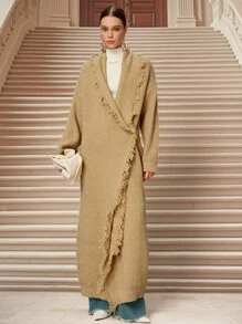 SHEIN Unity Nouveau cardigan poncho tricoté décontracté amincissant, pull ample à franges vêtement d'extérieur pour l'automne/l'hiver - Nude - Voir 4