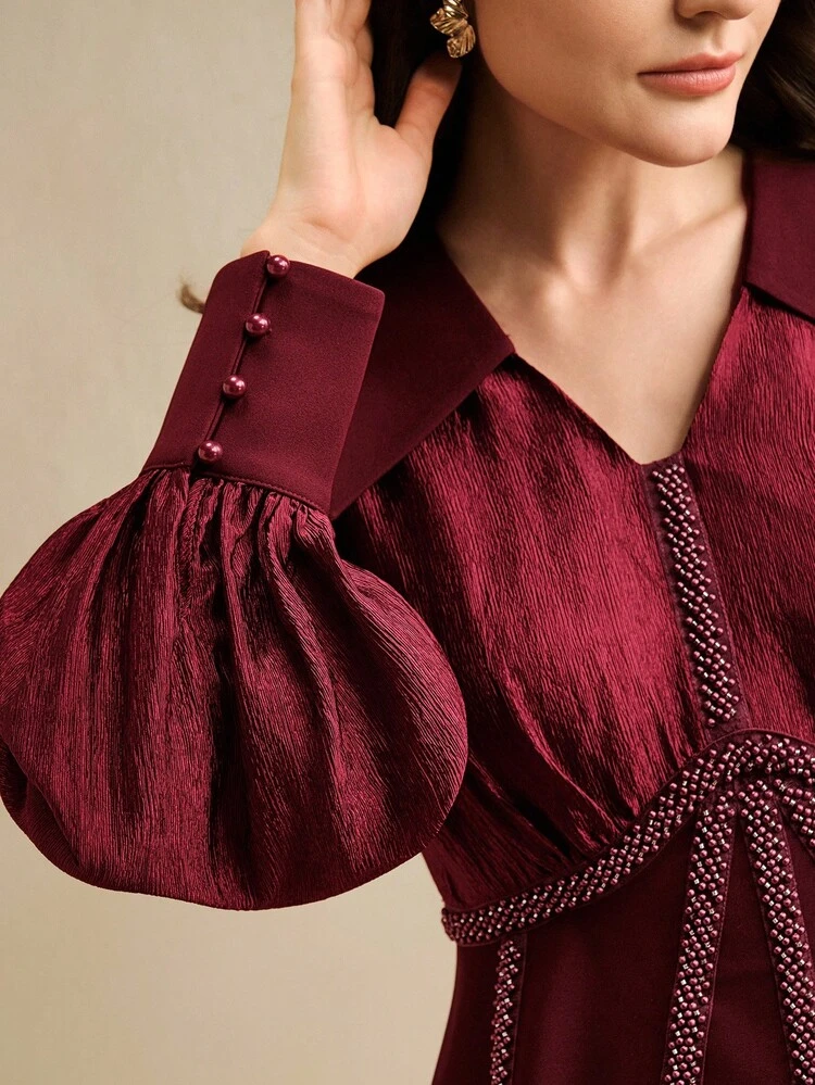 Elegant Christmas Fashionable Date Night V-Neck Waist Beaded Decor Long Sleeve Top And Solid Color Mermaid Skirt 2 Pieces Set For Women, Winter