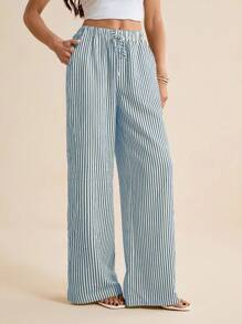 SHEIN Tall 女休闲条纹宽松阔腿抽绳裤蓝色直筒裤女阔腿裤条纹阔腿裤夏季阔腿裤女条纹裤女夏季裤女夏季裤蓝白条纹裤夏季条纹裤女阔腿裤
