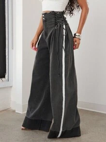 Vixey 女式侧系带磨边阔腿宽松休闲牛仔裤 - 黑色 - 查看 3