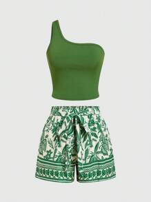 SHEIN SXY 2 件套大码女式纯色无袖抹胸和热带植物印花短裤度假套装，适合早春、春夏季、雨林、海滩派对、海边度假、篝火晚会，清凉轻盈，修身版型，穿着舒适，易于搭配且看起来苗条，凸显您的身材，修饰身材，2 件套夏季服装 - 彩色 - 查看 8
