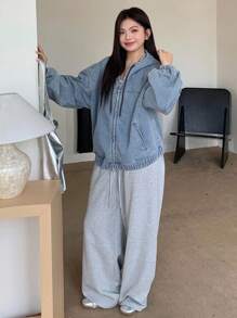 Dazy Plus Light Wash Blue Hooded Zip-Up Loose Lantern Sleeve Hem Drawstring Denim Jacket, Plus Size Women, Fall Women Jacket