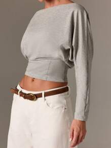 AiiRZ Áo crop top tay dài hở vai, áo sơ mi thường ngày, áo nỉ bó, áo crop top, thời trang thu đông, cổ thuyền, thiết kế hiện đại, tối giản, cơ bản, thiết yếu - Xám - Xem 5