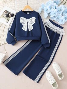 Sparklyn 青少年女孩休闲蝴蝶结运动衫和裤子套装 - 藍色 - 查看 1