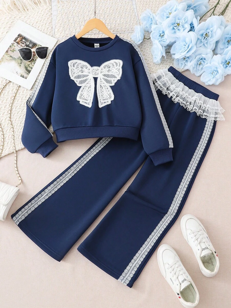 Sparklyn 青少年女孩休闲蝴蝶结运动衫和裤子套装 - 藍色 - 查看 1