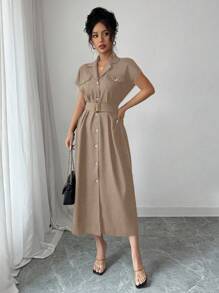 Elenzga Đầm midi dáng suông cổ ve lật tay ngắn màu trơn đơn giản dành cho nữ - Màu Khaki - Xem 6